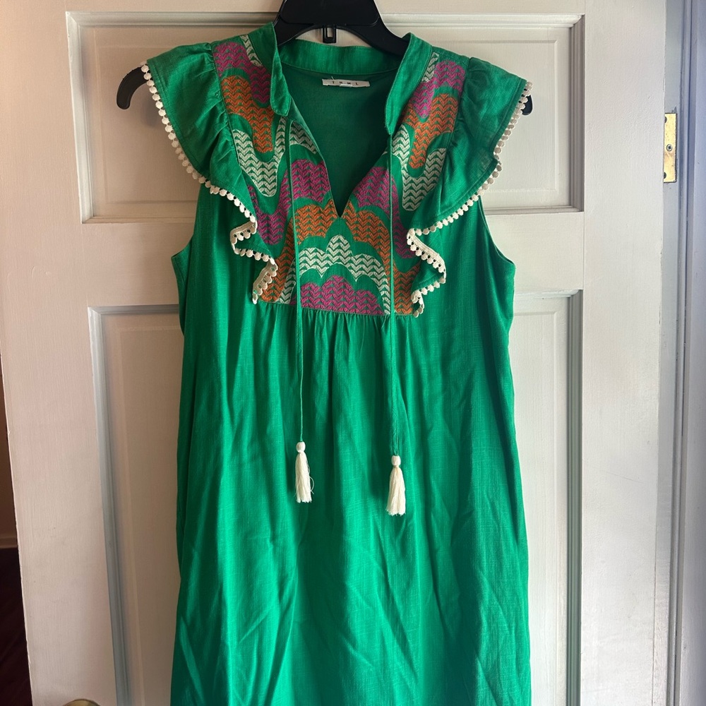THML Green Sleeveless Embroidered Ruffle Dress with Tassels